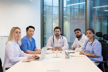 A diverse group of medical professionals sitting at a table in a modern office, engaged in a...