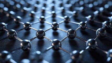 A close-up view of a molecular lattice structure featuring interconnected black spheres linked by thin rods, representing a scientific or nanotechnology concept.