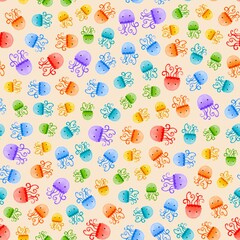 Bright and playful seamless pattern with watercolour jellyfish in rainbow colours on a beige background. Ideal for children’s fabrics, wallpapers, stationery, marine-themed designs, and baby products
