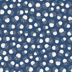 Seamless pattern with cute cartoon jellyfish in simple black outline doodle style on a dark blue background
