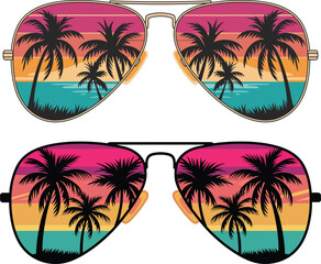 Two pairs of aviator sunglasses reflecting a tropical beach sunset with palm trees illustration