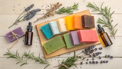 colorful handmade soap kit flatlay with herbs