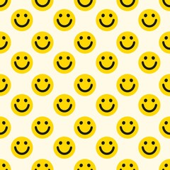 Cheerful yellow smiley face seamless pattern on light background. Ideal for happy, positive, or fun designs. Perfect for backgrounds, kids' items.