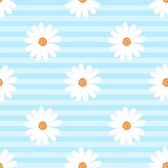 Daisy seamless pattern on blue stripes. Ideal for spring, summer, kids, or cheerful floral designs. Gentle, fresh, and cute for various products.