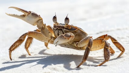 Closeup of a ghost crab on white sand isolated on white background