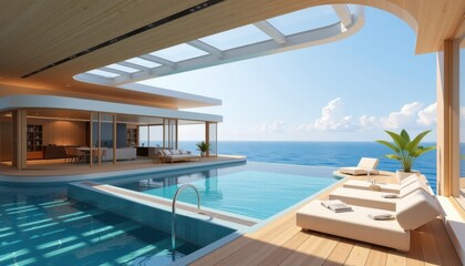 Obraz premium ultra high resolution, 8k, 300 dpi, sharp focus on every corner, hyper realistic, photorealistic, professional architectural visualization, luxurious floating sea house, open plan luxury mansion