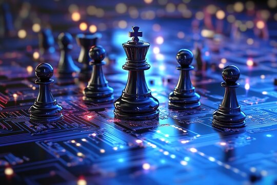 A close-up of black chess pieces on a digital circuit board background. The scene is illuminated with blue and warm lights, creating a futuristic atmosphere.