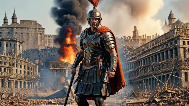 Roman warrior in full battle attire near a blazing city