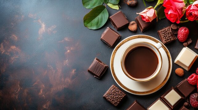 Coffee cup with chocolate pieces and raspberries on dark table for dessert and breakfast time