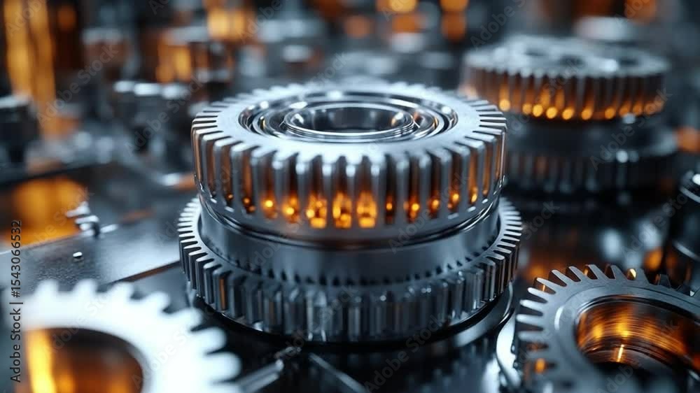 Poster Mechanical Gears: A close-up captures the intricate precision of mechanical gears, their metallic surfaces gleaming under focused light.