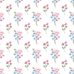 Seamless floral pattern minimalist repeating background with watercolor flower and leaf bouquets. Fabric wallpaper print texture. Perfectly for backdrop, wrapped paper.