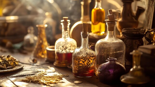 Assorted glass apothecary bottles with herbs spices and warm light in vintage style setting