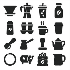 Coffee Icon Collection. Solid style icons of coffee silhouette: coffee filter holder, percolator, iced coffee tumbler, cold brew