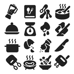 Culinary Icons Collection. Solid style icons of culinary: blender pouring smoothie, recipe book icon, butter melting in pan, pasta