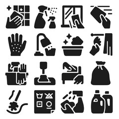 Home Cleaning Icons. Solid style icons of home cleaning: shower corner wipe icon, fabric freshener mist icon, window ledge cleaner