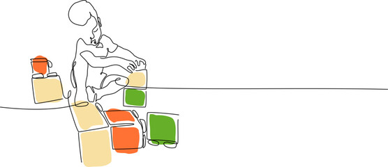 Continuous one line drawing with a boy plays with blocks. Vector single line illustration of a child plays with color blocks