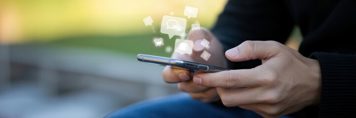 Close-up of hands holding a smartphone with social media icons.