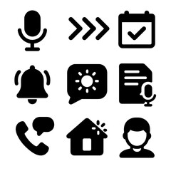 Virtual Assistant Icons. Solid style icons of virtual assistant tools: voice icon, smart reply, schedule check, reminder ping,