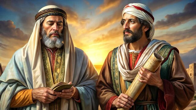 Two prophets of God holding a roll and reconstructing the city