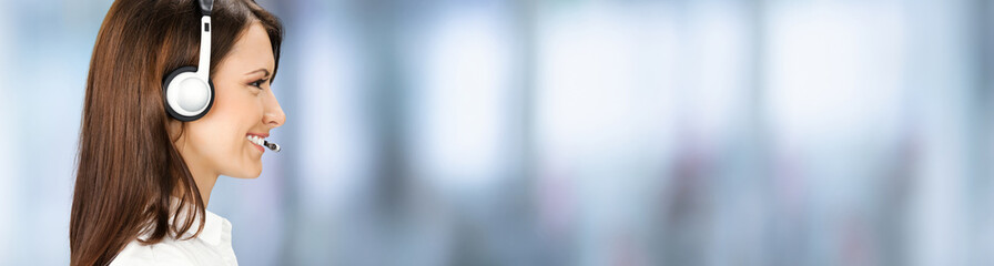 Profile portrait. Representative call center. Businesswoman woman support phone operator. Callcenter customer service. Sale agent. Banner image with free text space, against blurred office background
