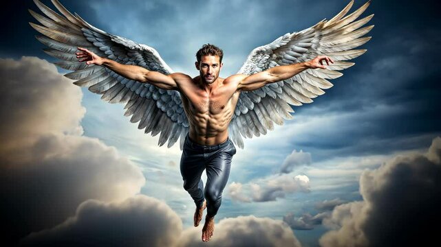 Heavenly Angel navigating through the cloudy sky