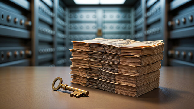 Stack of money with key in bank vault background  