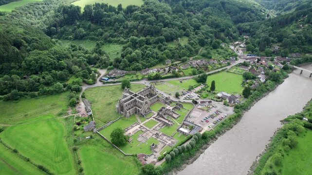Tintern Abbey and River Wye, Chepstow South Wales. Beautiful aerial view, summer daytime