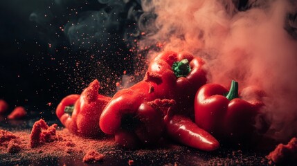 Red hot chili peppers with spicy smoke explosion on dark background for fiery food concept