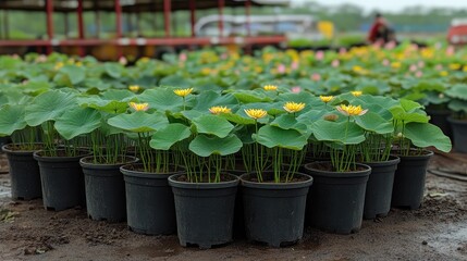 Yellow and pink lotus plants in pots, nursery outdoors,  people working in background
