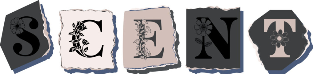 SCENT Floral Typography of a Concept Word � Elegant Torn Paper Letter Design