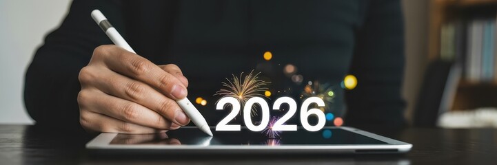 Person using a digital pen to write 2026 on a tablet.