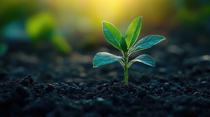 Young sprout emerging from soil, sunrise glow, field background