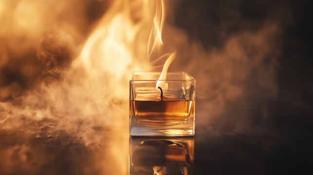 Glass of whiskey with fire flame for strong alcohol drink night party celebration bold concept
