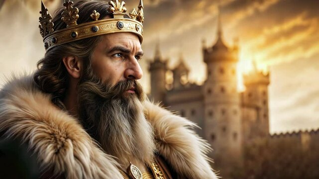 Nervous monarch king with crown and blurred castle scene