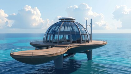 ultra high resolution, 8k, 300 dpi, sharp focus on every corner, hyper realistic, photorealistic, professional architectural visualization, luxurious floating sea house, glass dome house