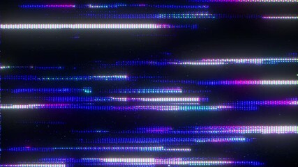 4K Seamless loop of horizontal glitch streaks with neon purple-blue pixel trails, CRT scanlines and analog distortion for motion graphics overlay, screen mode, cyberpunk visual texture and data stream - Powered by Adobe