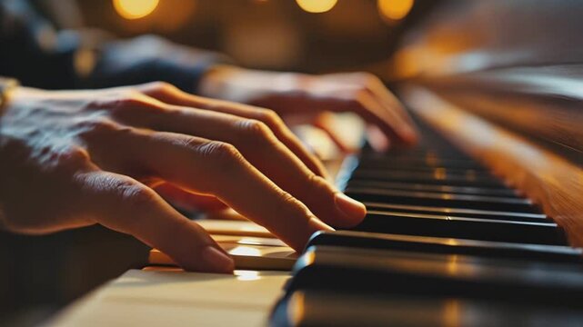 Close-up of pianist hands playing piano keys, cinematic music performance