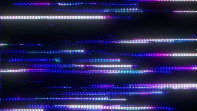 4K Seamless loop of horizontal glitch streaks with neon purple-blue pixel trails, CRT scanlines and analog distortion for motion graphics overlay, screen mode, cyberpunk visual texture and data stream