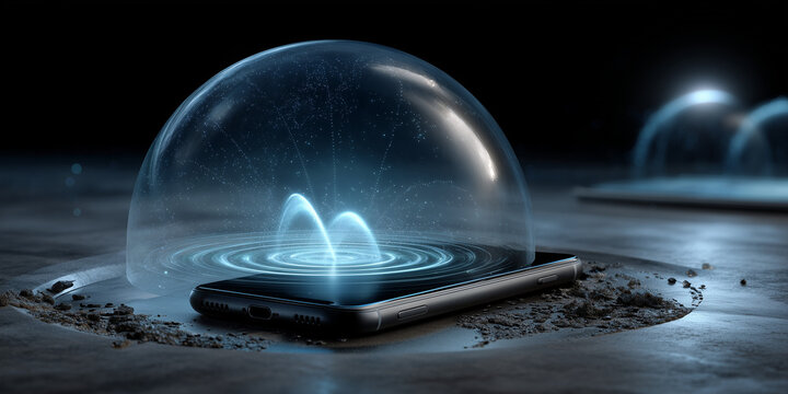  Floating dome visualizes AI compression and decryption of voice signals.
