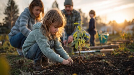 Family with young children planting tree saplings in soil during sunset in eco-friendly community garden perfect for sustainability education, green living visuals and environmental campaigns