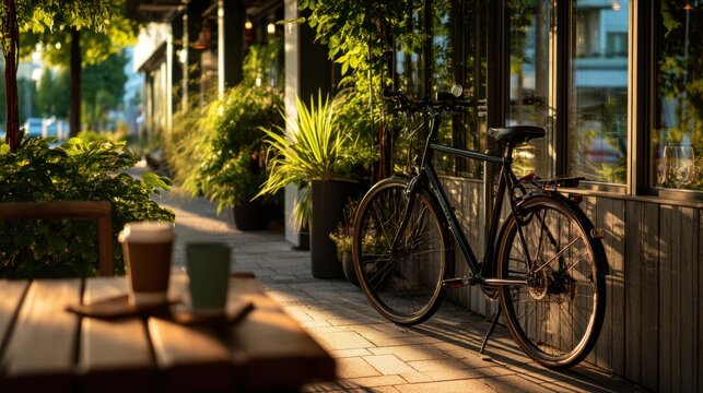 Urban eco-friendly cafe with parked bicycle and takeaway coffee cups on outdoor table surrounded by lush green plants perfect for sustainable lifestyle visuals and city slow living concepts - Powered by Adobe