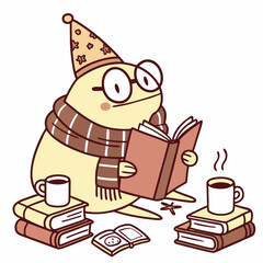 Cozy Reading colored Frogs with a Gentle touch, placed in a Bookworm Day theme and styled with wearing a party hat