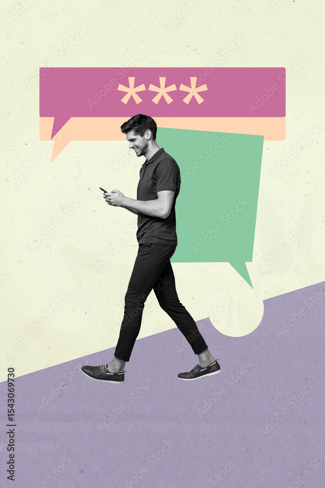 Poster Sketch vertical photo pop collage of happy girl guy send receive message notification speech chat networking icon dialogue