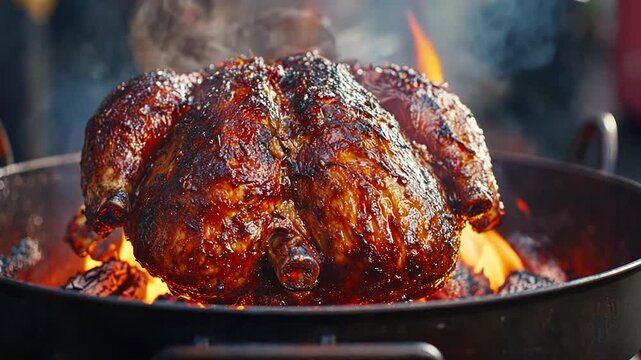 Roasted chicken on a fire pit