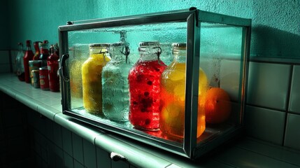 Fermentation jars with colorful pickles in fridge for homemade preserving vegetable kitchen probiotic food