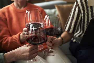 Group of middle aged Caucasian women clinking wine glasses while sitting together, hands and partial faces visible, celebrating friendship during adult girlfriends gathering