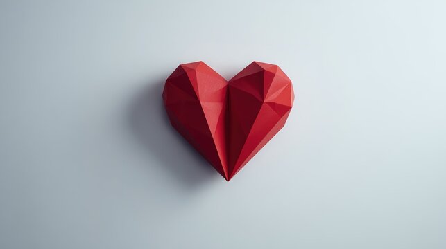 Red polygonal heart floating in space, symbolizing modern love and geometry