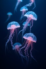 Glowing jellyfish beneath the sea evoke a sense of enchantment, mystery, and calm. Their colorful bodies illuminate the dark depths as they drift together in graceful swarms