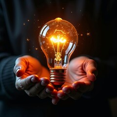 Glowing light bulb cradled in human hands symbolizing creativity, innovation, inspiration, new ideas, imagination, and limitless potential