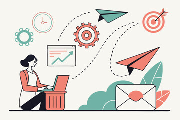 Woman managing email marketing strategy with charts, gears, and target